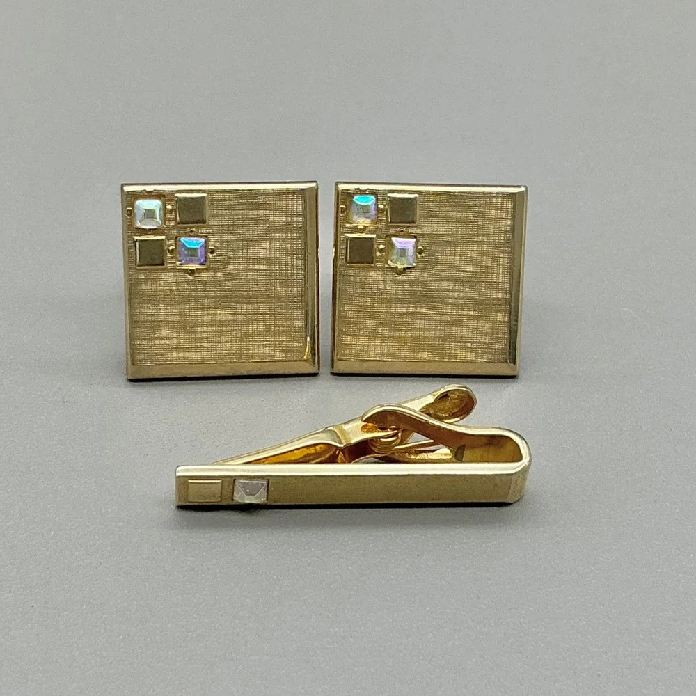 Swank Gold Tone Cufflinks Tie Clip Set AB Rhinestone Mid Century Men's Vintage